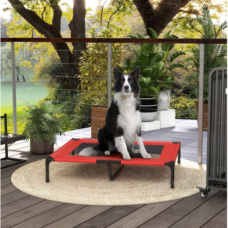 Cama elevada para perros 92 x 76 x 18 cm, tejido Oxford rojo, para exterior, OKWISH (1/5)