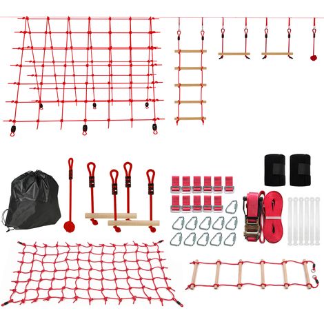 Parcours de slackline  Kids de 10 m avec anneaux de gymnastique, balançoire, échelle d'escalade et filet d'escalade pour enfants de 3 à 6 ans, 1000 x 300 x 180 cm, rouge