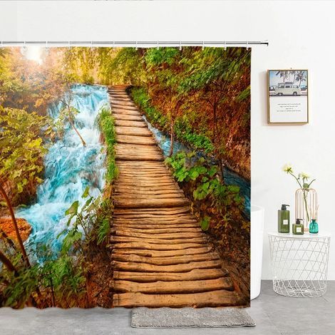 Tenda da doccia stampata in 3D con motivo foresta, 180 x 200 cm, impermeabile e lavabile, con ganci, L 240 x H 180 cm