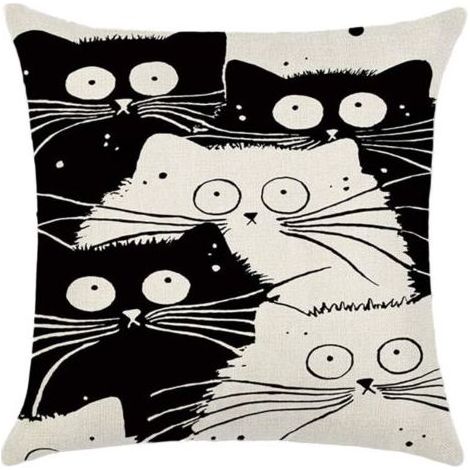 Taie D Oreiller - Lin - Motif Chat Dessin Anime - Pour Canape Voiture Bureau - 45 X 45 Cm (1/5)