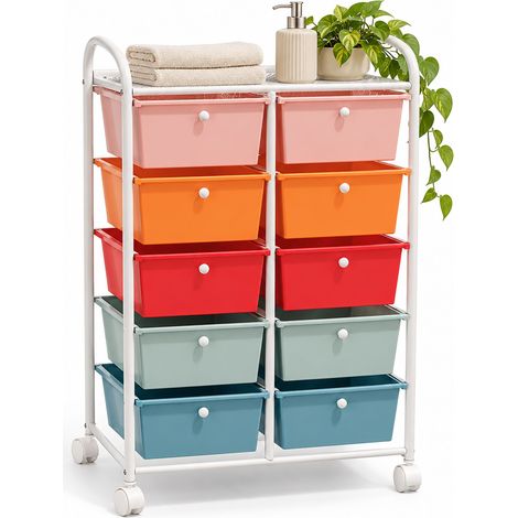 Relaxdays Desserte, 10 tiroirs, métal/plastique, 96x65x38 cm, 4 roulettes, cuisine, salle de bains, blanc/multicolore (1/5)