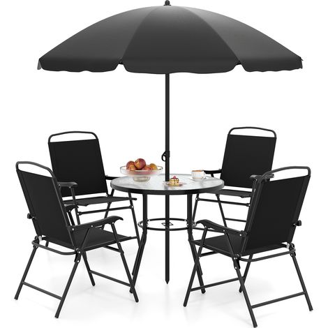 COSTWAY 6 Pieces Patio Dining Set Outdoor Table and Chairs Set with Umbrella