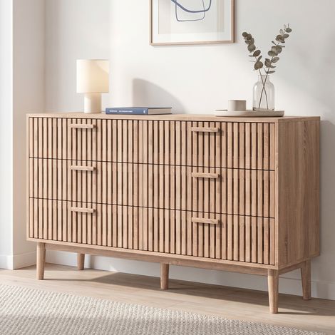 Commode 6 Tiroirs, Meuble de Rangement 100x34x73cm, avec Dispositif Anti-basculement, en Bois, Style Naturel, Couleur Bois (1/5)