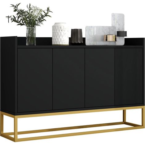 Buffet moderne au style minimaliste, buffet sans poignées à 4 portes pour salle à manger, salon et cuisine (noir) (1/5)