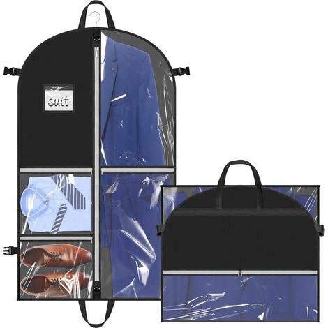 Housse Vetement Poches Multiples, 110×60 cm Housse Costume Pliable, Housse Vetement Voyage avec 5 Poches Transparentes, Housse de Protection Imperméable pour Costume Manteau Veste Robe(Noir) (1/5)