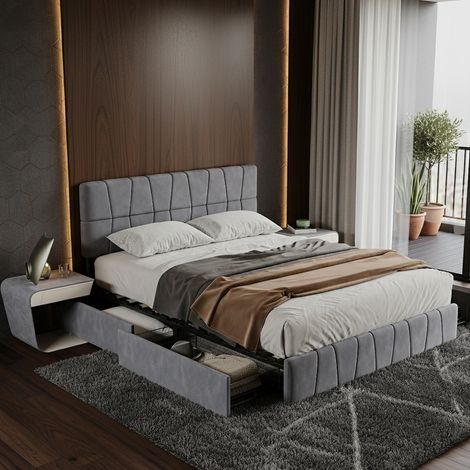 Lit double 160x200 cm avec 4 tiroirs, lit adulte avec sommier à lattes, lit tapissé avec rangements, tête de lit réglable en hauteur, velours, gris (1/5)