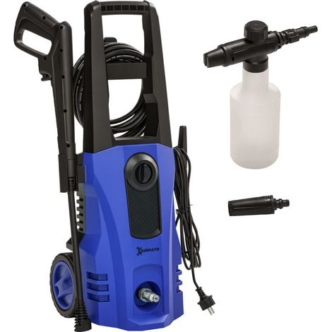 Nettoyeur haute pression puissance 150 bars max, débit 510 l/h max, moteur 1800W tuyau 6m et câble 5m avec roues bleu (1/4)