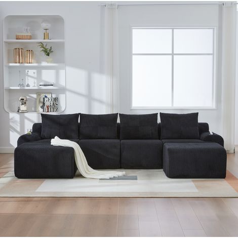 Sofá modular de 4 plazas en pana negra con 2 pufs, portavasos y bolsillo HAVRYA (1/5)
