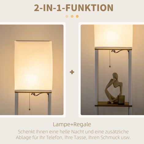 Lampadaire sur pied avec étagères, cadre métallique, abat-jour en tissu, 26x26x159cm, blanc et marron (1/4)