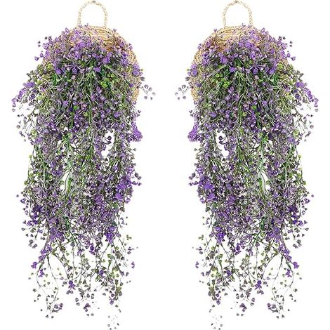 QAZQA 2 Pièces Panier Suspendu Fleur Artificielle, Fleurs Artificielles sur Mur, Fleurs Suspendues, Fleurs Artificielles pour Salon, 85cm Plantes Artificielles Suspendues pour Maison, Jardin(Violet)