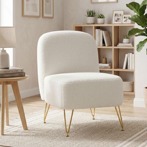 Fauteuil Salon Sans Accoudoirs, Fauteuil d'Appoint Rembourré en Tissu Bouclette, Coussin Épais, Assise Large, Blanc (1/5)
