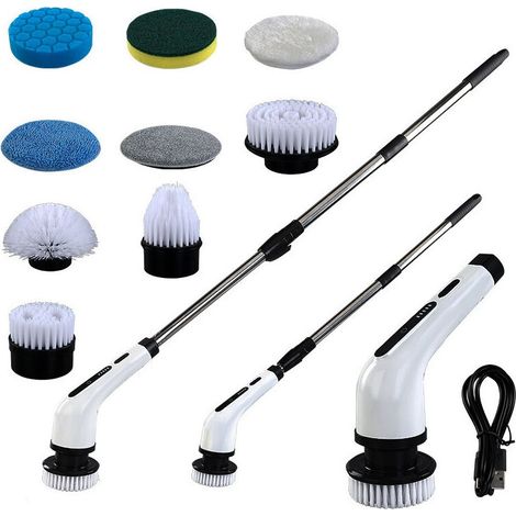 Brosse de nettoyage électrique 9 en 1, haute puissance, réglable sur 2 niveaux, salle de bain, baignoire, WC, brosse de nettoyage pour douche de cuisine (blanche) (1/5)