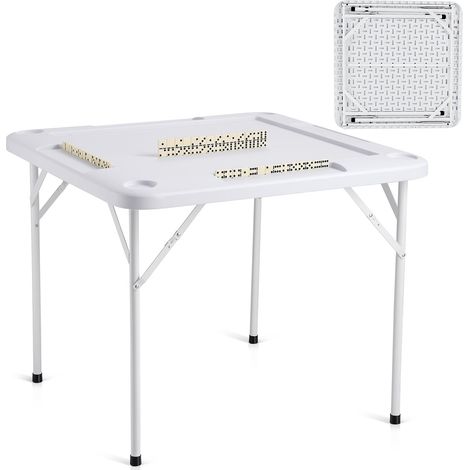 Table de Mahjong Pliante Carrée pour 4 Joueurs, Table de Jeu de Cartes Portable, avec 4 Porte-gobelets et 4 Plateaux à Jetons, Jeu de Dominos pour Puzzles Poker Mahjong, 90 x 90 cm, Blanc (1/5)