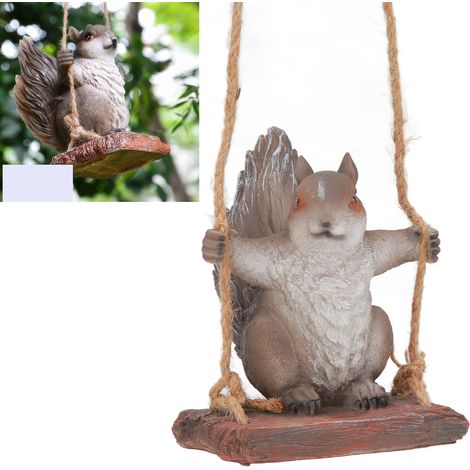Estatua colgante de ardilla – Escultura de resina realista para jardín y terraza – Figura de animal columpiándose en gris/marrón – 16 x 13 x 18,5 cm (1/5)