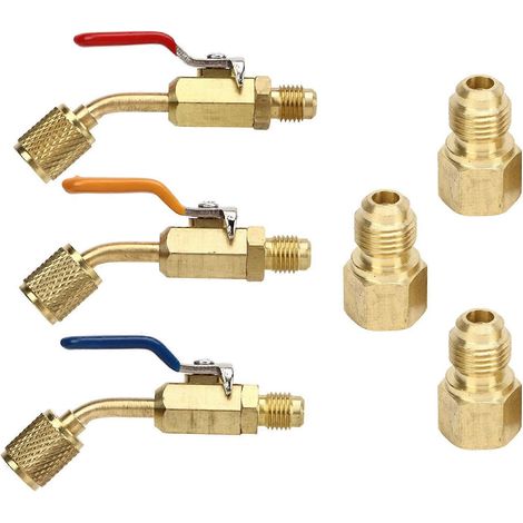 Lot de 6 vannes à bille coudées compactes pour réfrigérant, compatibles avec les tuyaux de charge des systèmes de climatisation et de réfrigération R410A, R134A, R12, R22 et R502. (1/5)