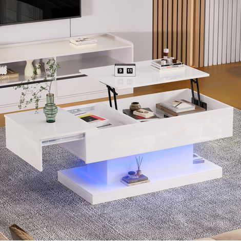 Tavolino rialzabile 100x50x45 cm con LED e vano portaoggetti, in truciolare, bianco (1/5)