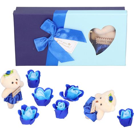 Coffret cadeau mignon en forme d'ours en savon artificiel avec fleur, idéal pour la Saint-Valentin, la fête des mères et la décoration de mariage (bleu). (1/5)