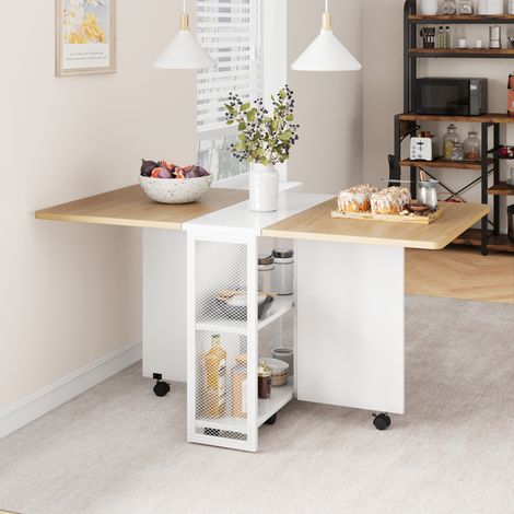 Table pliante extensible étagères – bois clair roulettes (1/5)