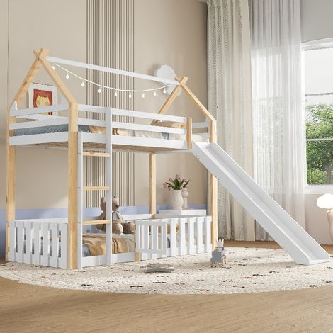Kinderbett Hausbett 90x200 cm mit Rutsche und Rausfallschutz, Stabiles Spielbett aus Holz mit Zaun und Lattenrost, Weiß und Natur (1/5)