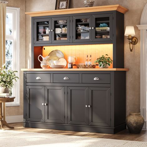 Buffet haut moderne avec LED RGB, porte en verre, étagères réglables, système anti-basculement, fermeture douce, poignées métalliques, noir (1/5)