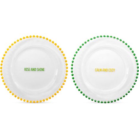 WD LifeStyle Set 2 Piattini D 19,5 Cm in Vetro Decorazione "Rise and shine" e "Calm and cozy" Giallo Verde (1/5)