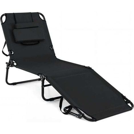 Chaise longue noire pliante en métal avec dossier réglable, trou visage et 3 coussins amovibles pour plage, piscine et terrasse (1/5)