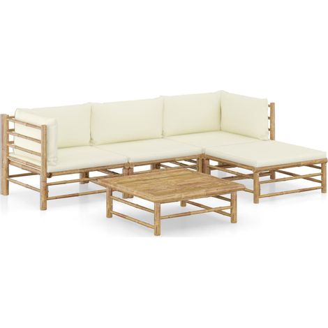5-tlg. Garten-Lounge-Set mit Cremeweißen Kissen Bambus