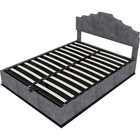 Lit coffre 140/200 cm gris en tissu et métal avec tête de lit géométrique et matelas inclus (1/5)