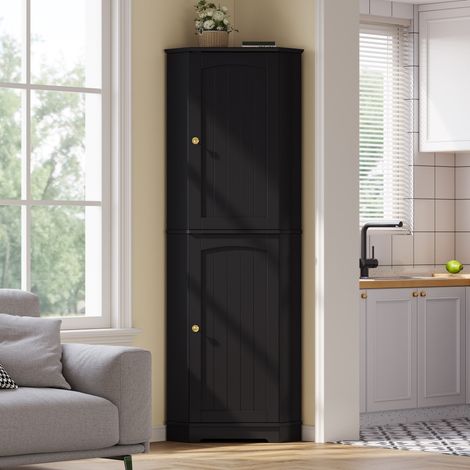 Meuble d'angle de rangement vertical 2 portes armoire gain de place étagères réglables cuisine salon MDF 42x42x166 cm (1/5)