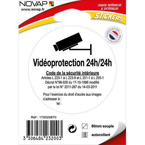 Panneau Vidéoprotection 24h/24h - Vinyle adhésif Ø80mm - 4232003