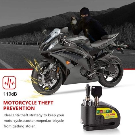 Bloc Disque Alarme Antivol Moto Bloque Disque Scooter Disc Lock avec Alarme de 110db,2Clés,1.5m Câble Antivol,1 sac de Bloc Disque Alarme pour Moto/Vélo/Scooter (Noir) -DPZO