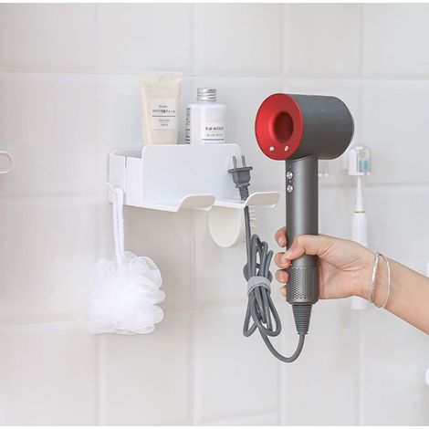 Support Seche Cheveux, Porte Seche Cheveux Mural sans Percage, Rangement Salle de Bain avec Rangement ABS et Range-Câbles (1/5)