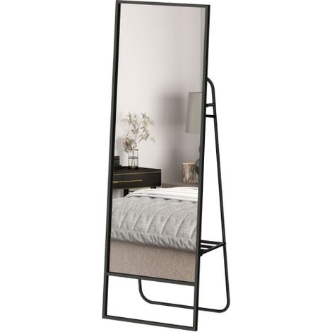 Stehspiegel aus schwarzem Metall im industriellen Design mit integriertem Regal und 2 praktischen Haken – Maße: 157 × 50 cm – ideal für das Schlafzimmer