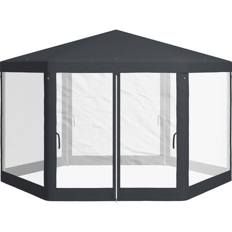 Pavillon 4x4 m Gartenpavillon mit Moskitonetz, 6-eckig, Partyzelt aus Polyester & Metall, dunkelgrau für Gartenfeste