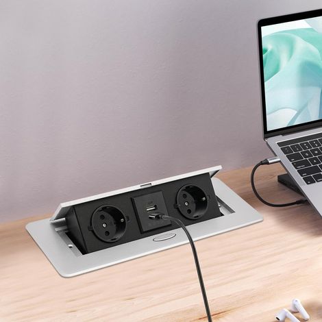 Prise encastrable escamotable en aluminium - Plan de travail avec 2 prises USB et 2 prises UE - Design pop-up - Multiprise de table pour cuisine, bureau (argent, sans câble d'alimentation)