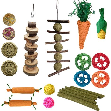 21 Pcs Toys for Rabbit, Hamster, Guinea Pig and Chinchilla, Rodent Games, Hay Stick, Timothy Stick Apple Tree Rattan Balls for Pets Teeth (1/5)
