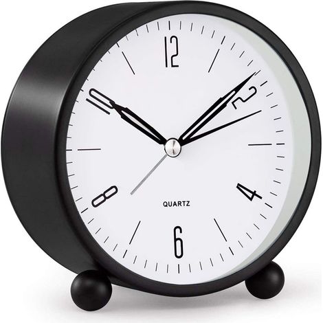 Réveil analogique, petit réveil de 10 cm (4 pouces) ultra silencieux sans tic-tac, avec veilleuse, fonctionne sur piles (noir) (1/5)