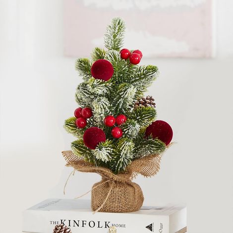 (Roter Schmuck) Kleiner Weihnachtsbaum aus Jute mit Lichterkette – Mini-Tischdekoration für Zuhause, Büro, Partys (1/4)