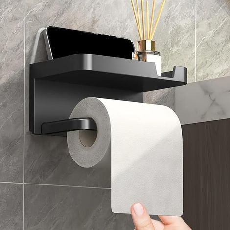Ortviai – Porte-papier toilette mural adhésif avec tablette – fixation sans perçage, support de rouleau et étagère de rangement – compatible rouleaux standards et lingettes (1/5)
