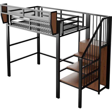 Cama alta 90 x 200 cm de metal negro con tira LED, escalera segura y almacenaje modular (1/5)