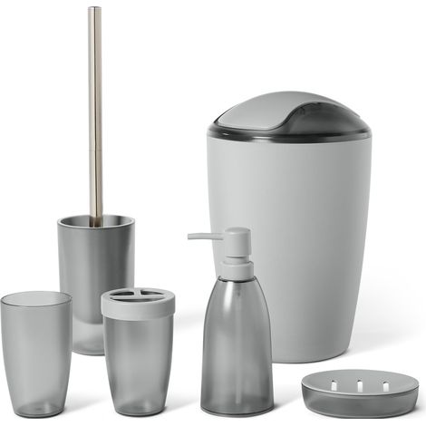 Ensemble d’Accessoires de Salle de Bain avec Porte-Brosse à Dents, Distributeur de Savon, Porte-Savon, Gobelet, Poubelle, Brosse pour WC et Support, Gris (1/5)