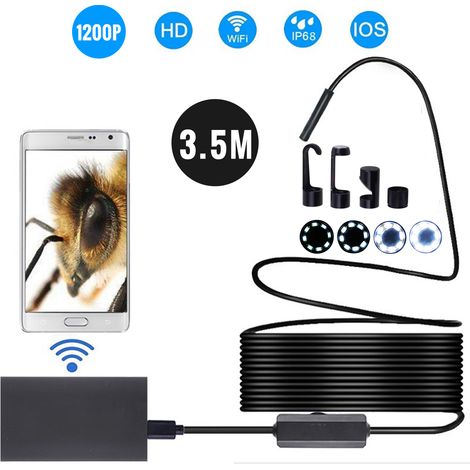 Cámara endoscópica inalámbrica IP68 de 2 MP: sonda semirrígida de 8 mm, cable de 3,5 m de longitud, con 8 LED y WiFi para iPhone y Android. (1/5)