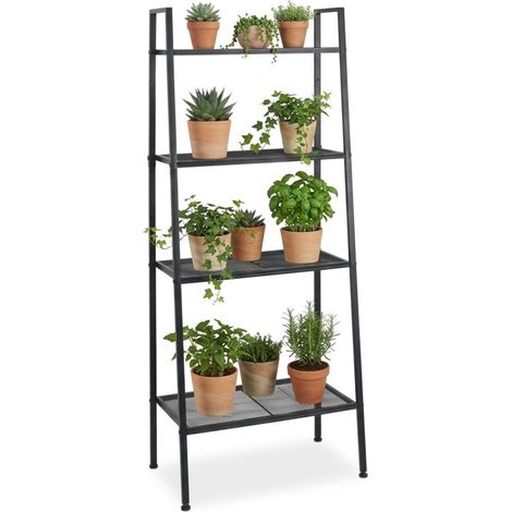 Étagère échelle Relaxdays, 4 tablettes grillagées, H x L x P: 148 x 60 x 35 cm, pour salon, cuisine, couloir, métal noir (1/5)