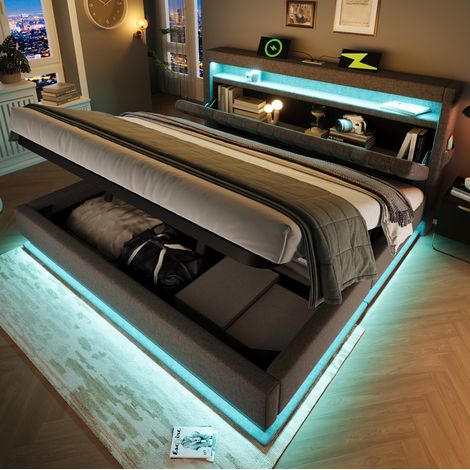 Lit rembourré 140x200 cm en lin gris, tête de lit de rangement, LED et charge USB-C, avec matelas (1/5)