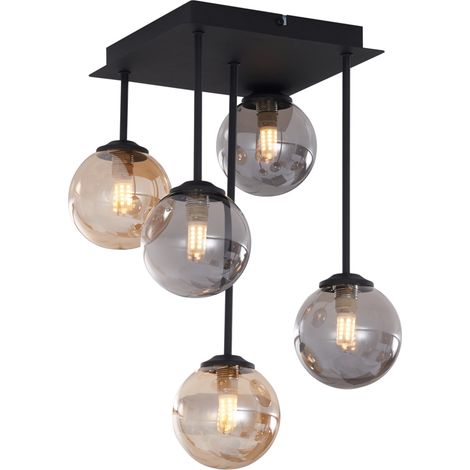 Modern Ceiling Light Black with Amber and Smoke Glass 5-Lights - Athens