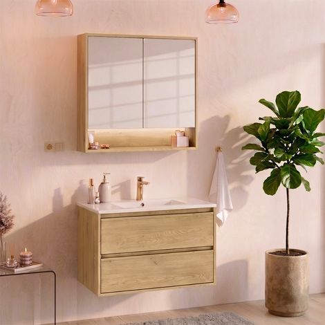 Conjunto mueble lavabo individual empotrado 80 cm y armario espejo Edmé Bois (1/4)