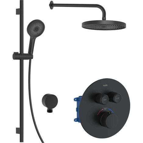 kielle Oudee - Duschset mit Thermostat-Unterputzarmatur, für 2 Verbraucher, mit Zubehör und Einbaukörper, schwarz matt 20602SPT14