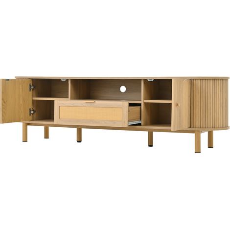 Modernes TV-Möbel aus MDF in Holzoptik mit Rattanschubladen und Metallfüßen (1/5)