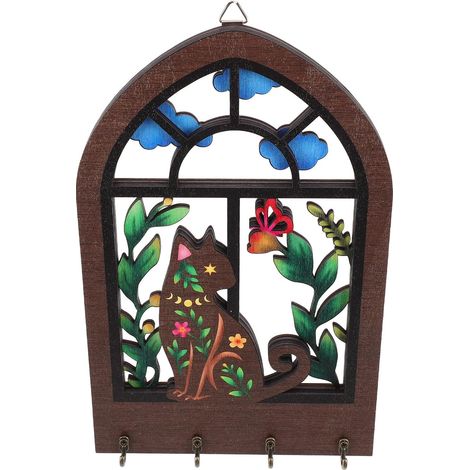 Wooden Wall-Mounted Key Holder with Cutout Cat Design, Sturdy 4-Hook Support, Easy Installation for Rustic Decor and Entryway Organization (1/5)