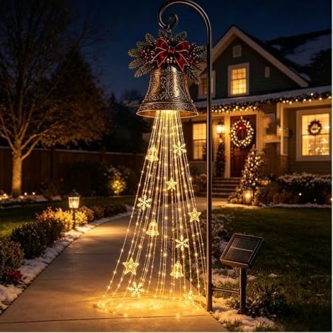 Guirnalda de luces navideñas solares impermeables y colgantes con LED de luz blanca cálida, diseño vintage de estrellas y copos de nieve, para plantar. (1/5)